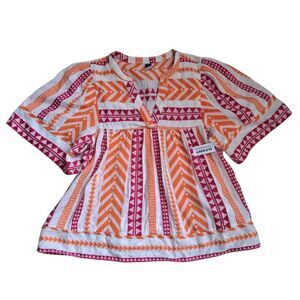 Old Navy Women's Tribal Geometric Short Sleeve Split-Neck Textured Top Blouse L